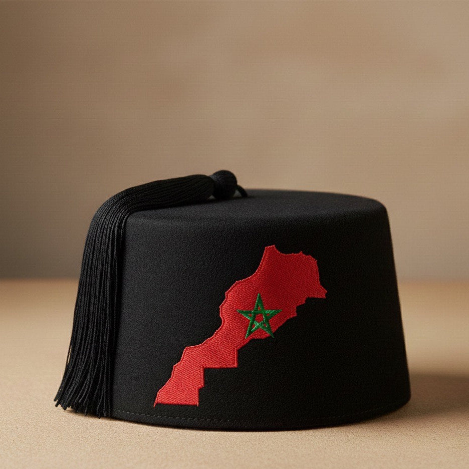 Moroccan Map Embroidered Black Fez
