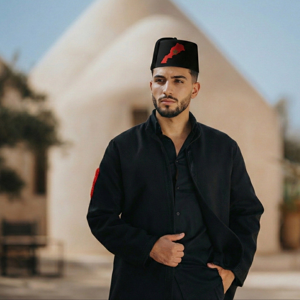 Moroccan Map Embroidered Black Fez