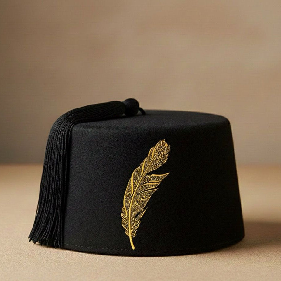 Elegant Black Fez with Gold Feather Embroidery