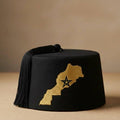 Moroccan Heritage Black Fez Hat (Tarboosh) with Gold Map Embroidery