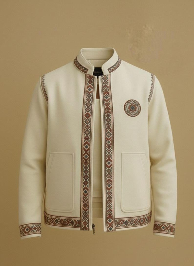 The 'Amazigh Heritage' Jacket – Embroidered Genie & Traditional Motifs (Ivory)