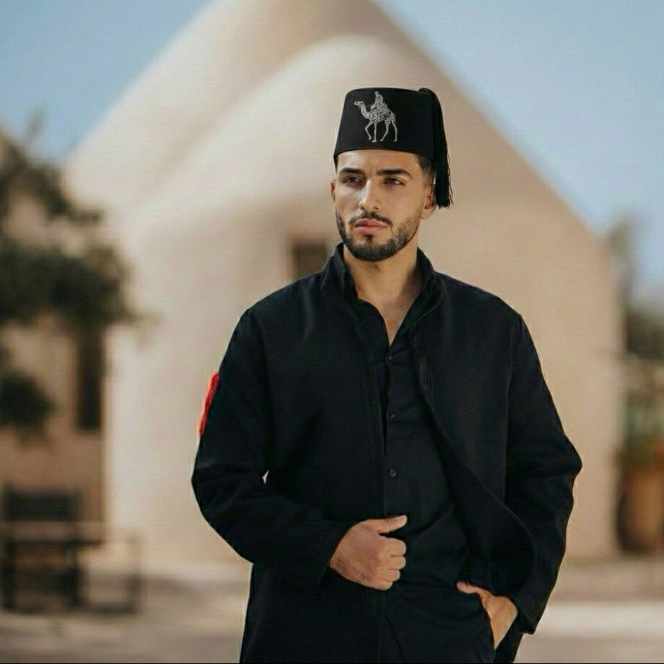 Elegant Black Fez with Arabic Calligraphy Camel Embroidery