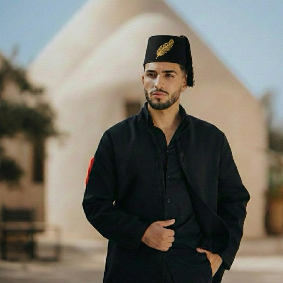 Elegant Black Fez with Gold Feather Embroidery